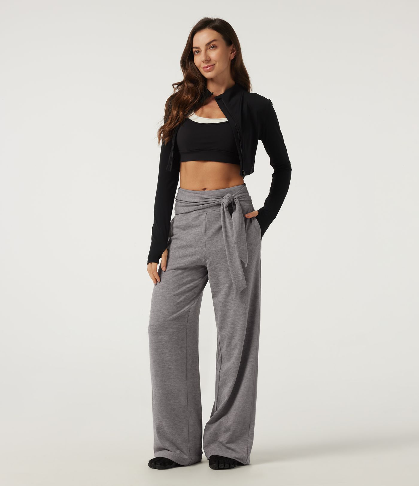 Mid Rise Straight Leg Tie Front Wrapped Yoga Pants with Pockets Mid Rise Straight Leg Tie Front Wrapped Yoga Pants with Pockets
