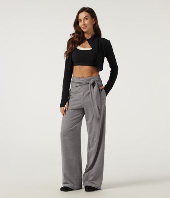 Mid Rise Straight Leg Tie Front Wrapped Yoga Pants with Pockets Mid Rise Straight Leg Tie Front Wrapped Yoga Pants with Pockets