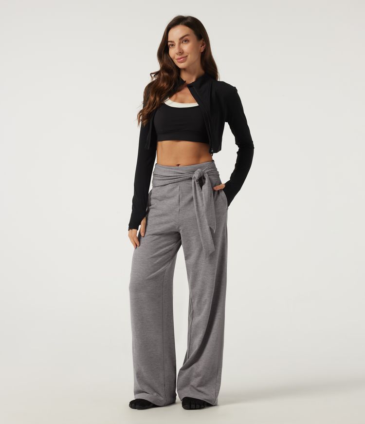 Mid Rise Straight Leg Tie Front Wrapped Yoga Pants with Pockets Mid Rise Straight Leg Tie Front Wrapped Yoga Pants with Pockets