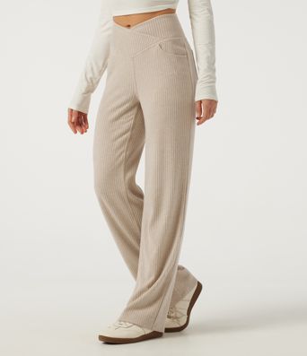 Ribbed Knit High Waisted Crossover Straight Leg Casual Pants with Pockets