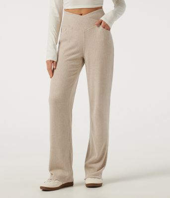 Ribbed Knit High Waisted Crossover Straight Leg Casual Pants with Pockets
