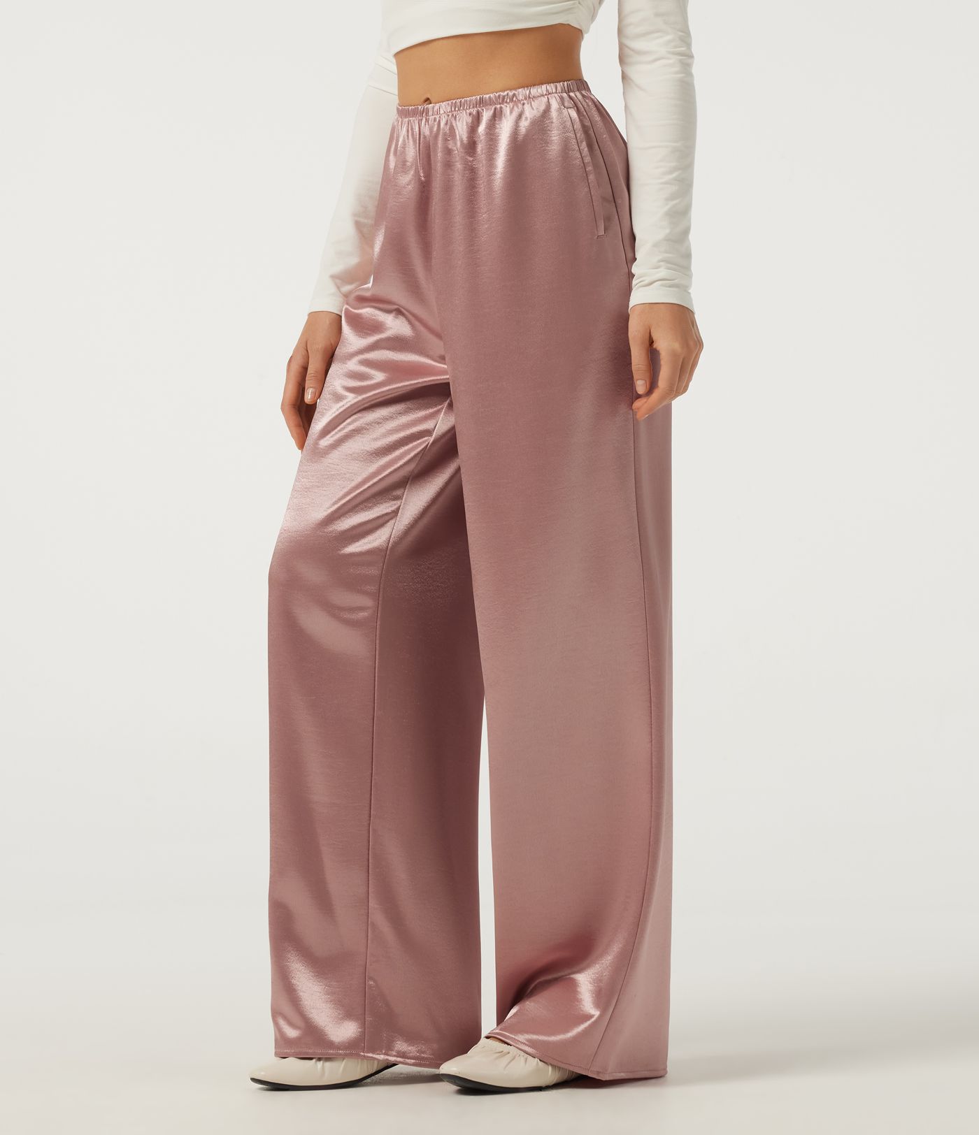 Mid Rise Wide Leg Satin Work Pants with Pockets