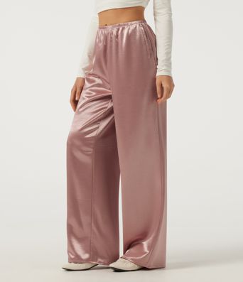 Mid Rise Wide Leg Satin Work Pants with Pockets