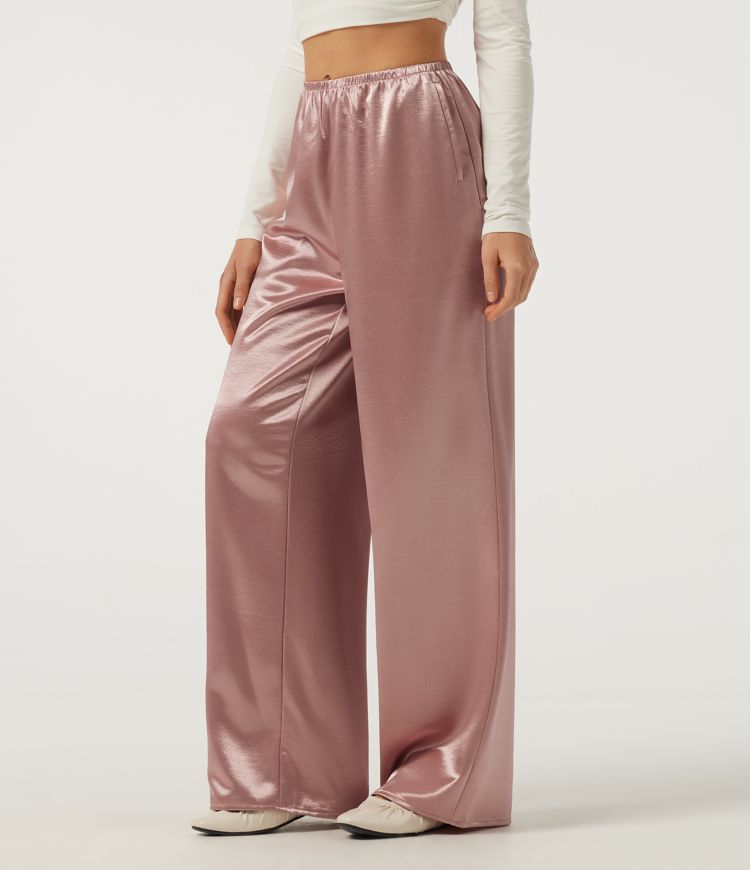 Mid Rise Wide Leg Satin Work Pants with Pockets