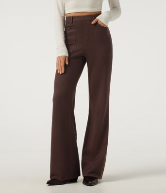 Ribbed High Waisted Casual Flare Pants with Pockets