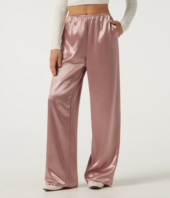 Mid Rise Wide Leg Satin Work Pants with Pockets
