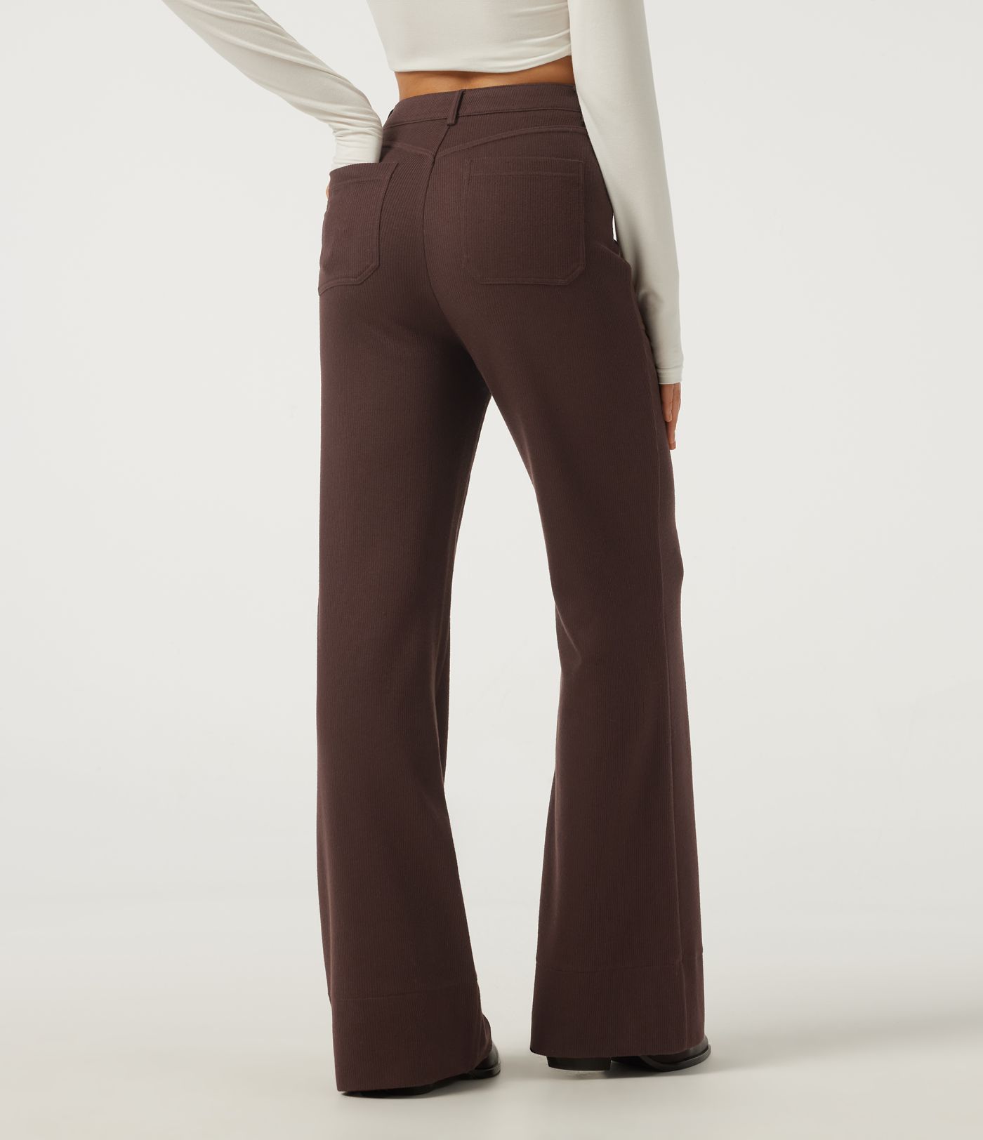 Ribbed High Waisted Casual Flare Pants with Pockets
