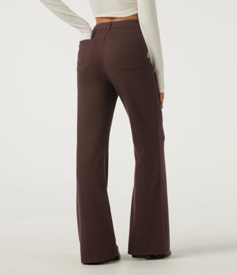 Ribbed High Waisted Casual Flare Pants with Pockets