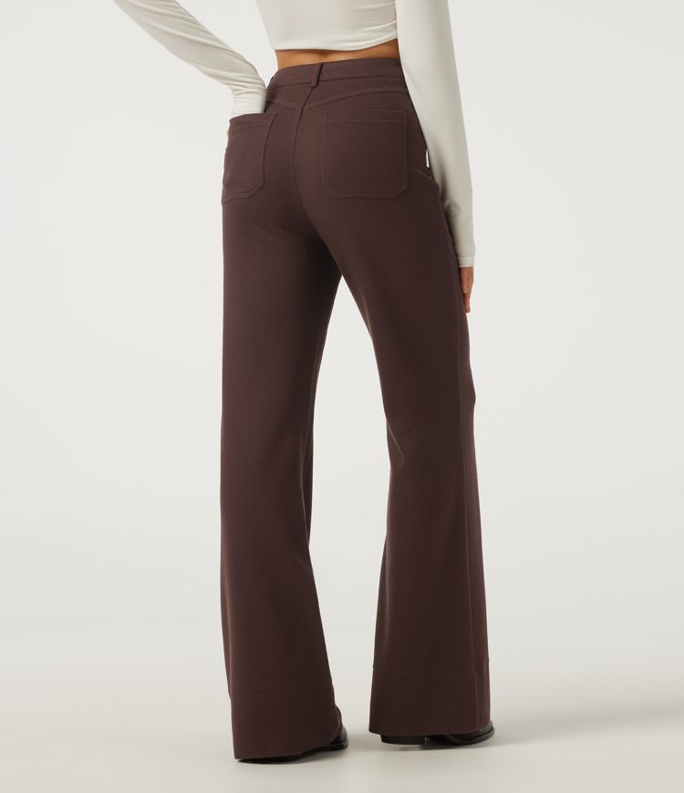 Ribbed High Waisted Casual Flare Pants with Pockets