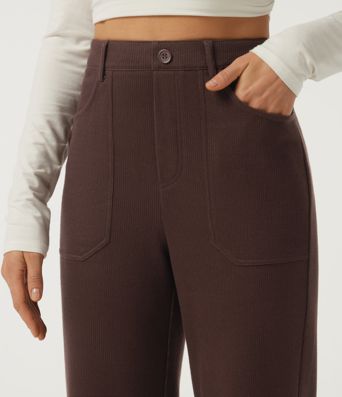Ribbed High Waisted Casual Flare Pants with Pockets