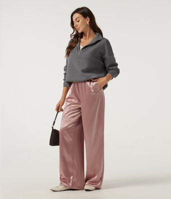 Mid Rise Wide Leg Satin Work Pants with Pockets