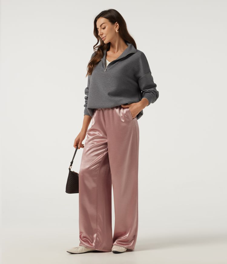 Mid Rise Wide Leg Satin Work Pants with Pockets