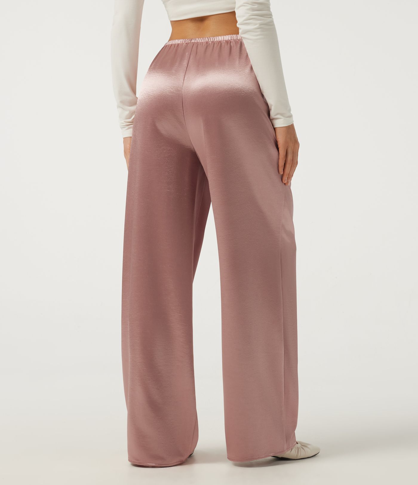 Mid Rise Wide Leg Satin Work Pants with Pockets