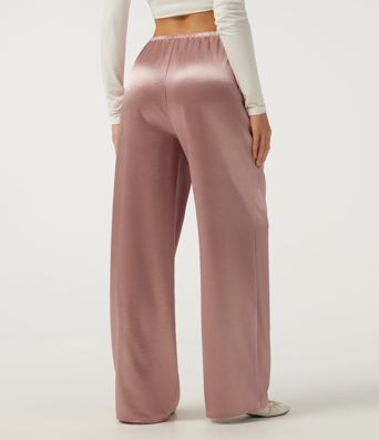 Mid Rise Wide Leg Satin Work Pants with Pockets