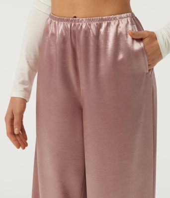 Mid Rise Wide Leg Satin Work Pants with Pockets