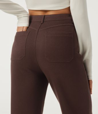 Ribbed High Waisted Casual Flare Pants with Pockets