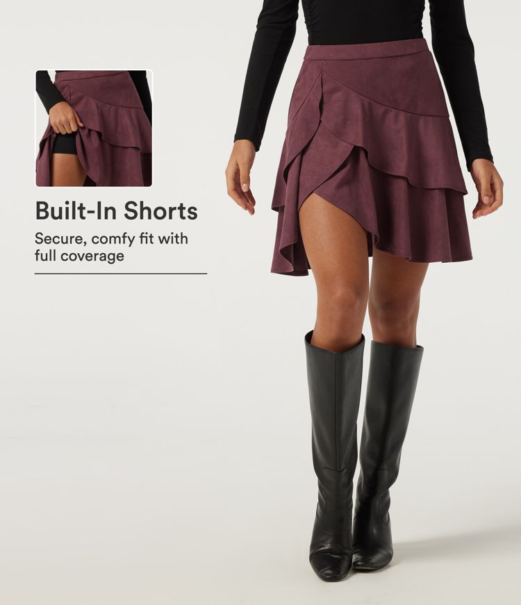 High Waisted Asymmetric Ruffle Hem Suede A-Line Casual Mini Skirt with Built-in Shorts and Pocket High Waisted Asymmetric Ruffle Hem Suede A-Line Casual Mini Skirt with Built-in Shorts and Pocket