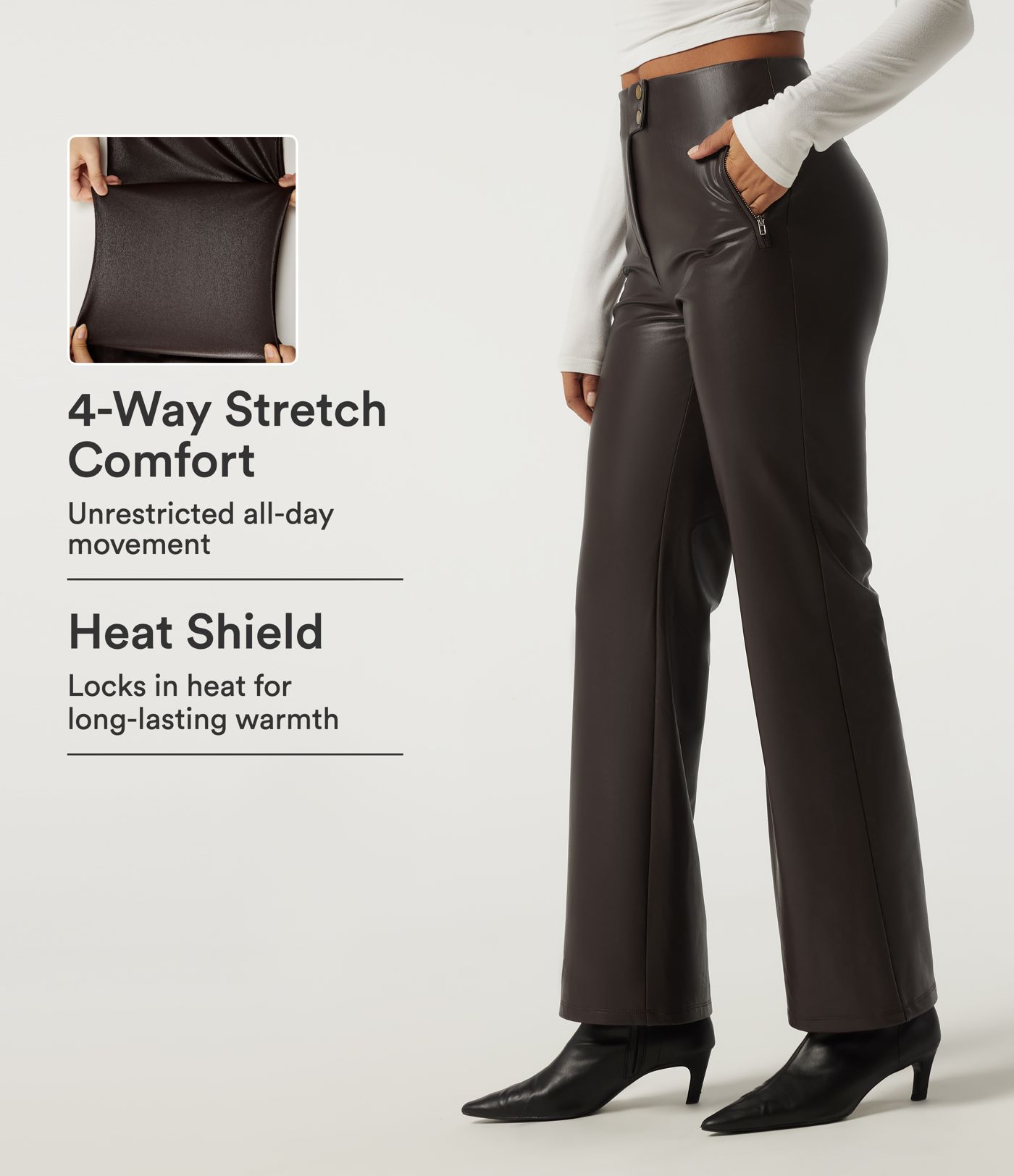 High Waisted Stretchy PU Fleece Casual Bootcut Pants with Pockets High Waisted Stretchy PU Fleece Casual Bootcut Pants with Pockets