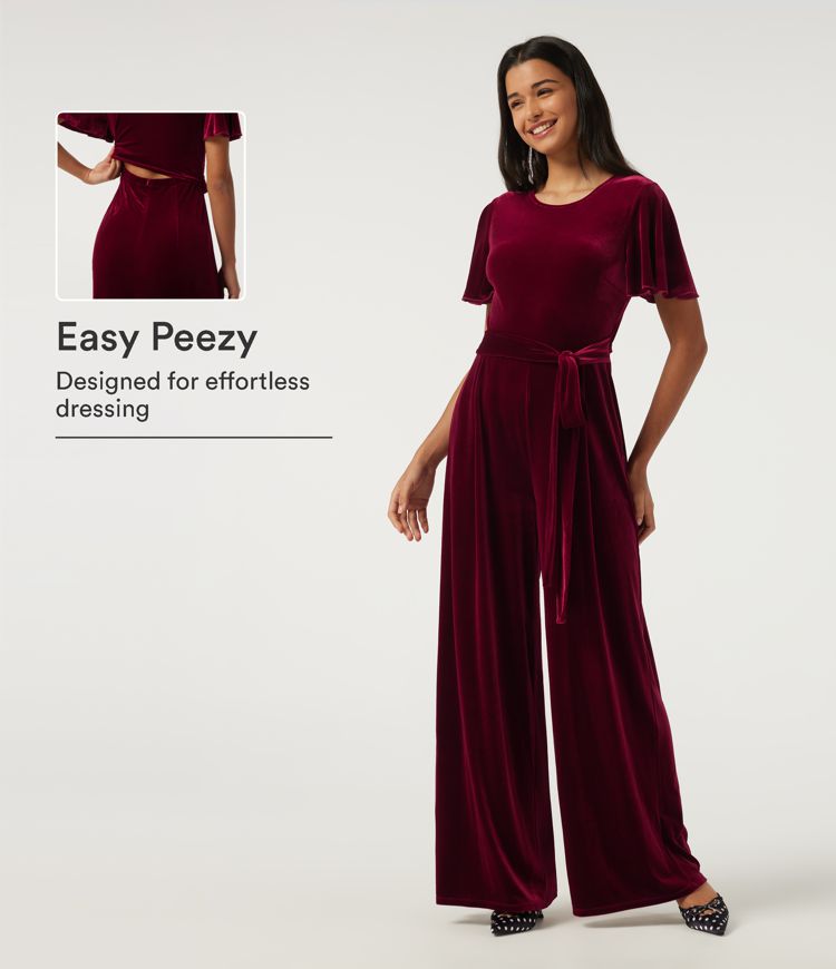 Round Neck Flounce Short Sleeve Keyhole Back Tie Front Velvet Party Jumpsuit with Pockets -Easy Peezy Edition