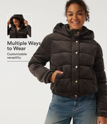 Ribbed Knit Removable Hood Long Sleeve Fleece Casual Padded Jacket with Pockets Ribbed Knit Removable Hood Long Sleeve Fleece Casual Padded Jacket with Pockets