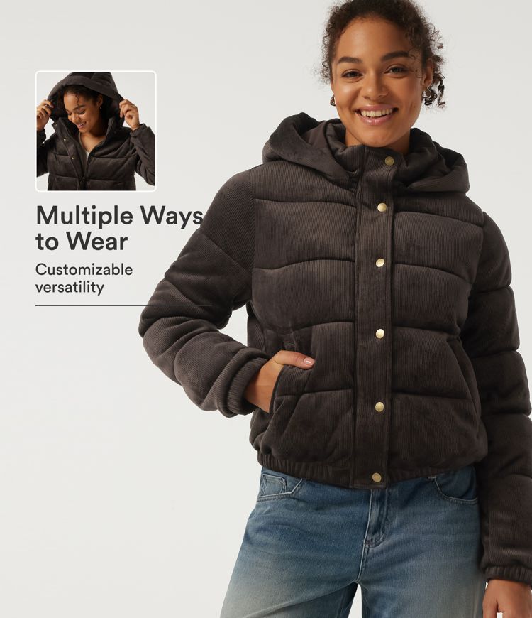 Ribbed Knit Removable Hood Long Sleeve Fleece Casual Padded Jacket with Pockets Ribbed Knit Removable Hood Long Sleeve Fleece Casual Padded Jacket with Pockets