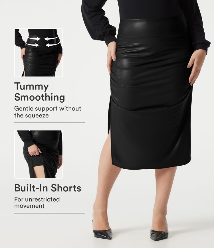 Plus Size High Waisted Tummy Control Ruched Curved Hem 2-in-1 Fleece PU Leather Midi Casual Skirt