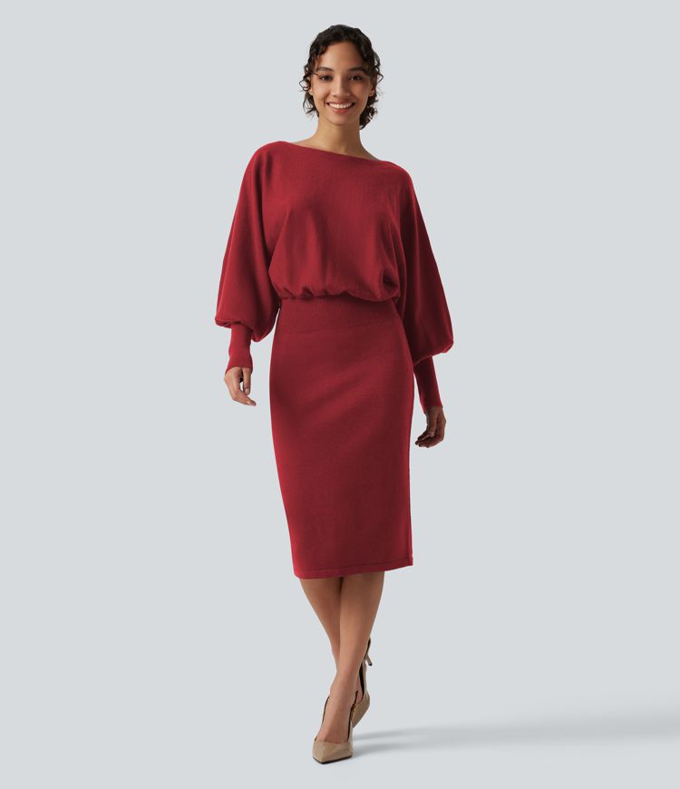 Robe pull de bureau à encolure bateau et manches longues bouffantes