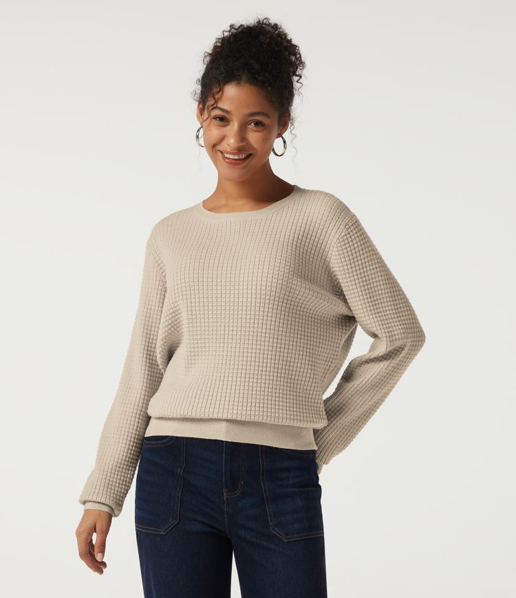 Round Neck Long Sleeve Waffle Casual Jumper