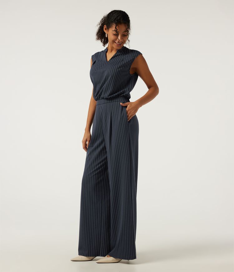 Notched Sleeveless Wide Leg Stripe Work Jumpsuits with Pockets - Easy Peezy Edition