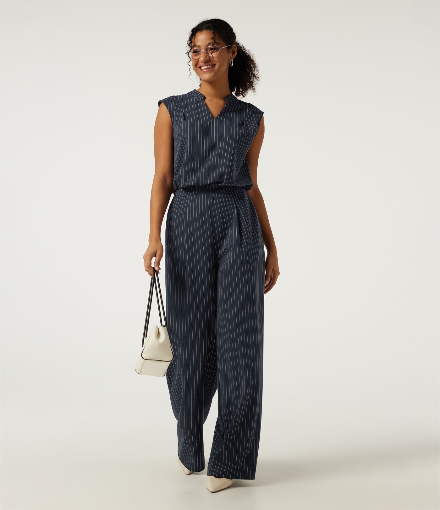 Notched Sleeveless Wide Leg Stripe Work Jumpsuits with Pockets - Easy Peezy Edition