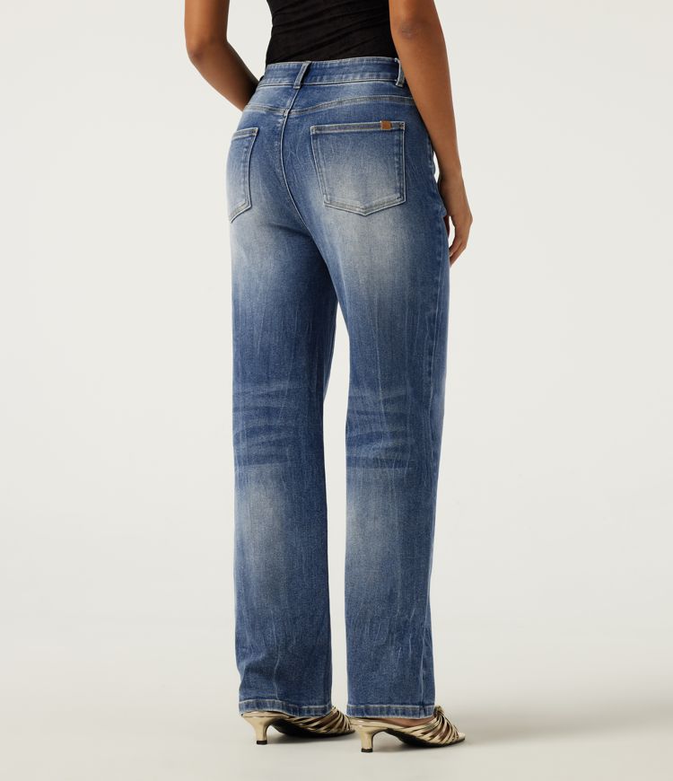 Blue Surf Denim High Waisted Straight Leg Casual Jeans with Pockets / 2