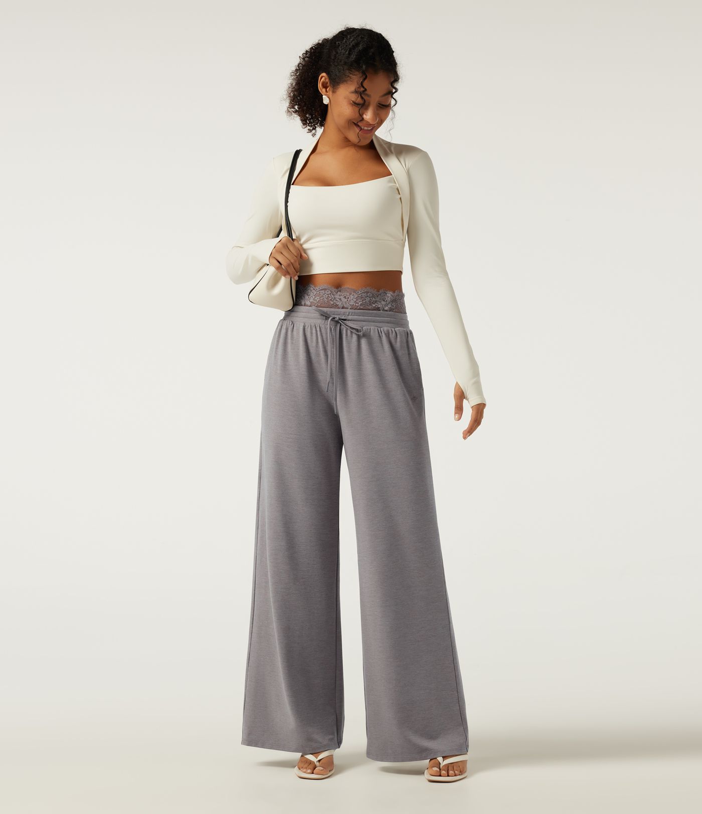 Pantalon de jogging décontracté taille basse à jambes larges, cordon de serrage, dentelle contrastante et poches