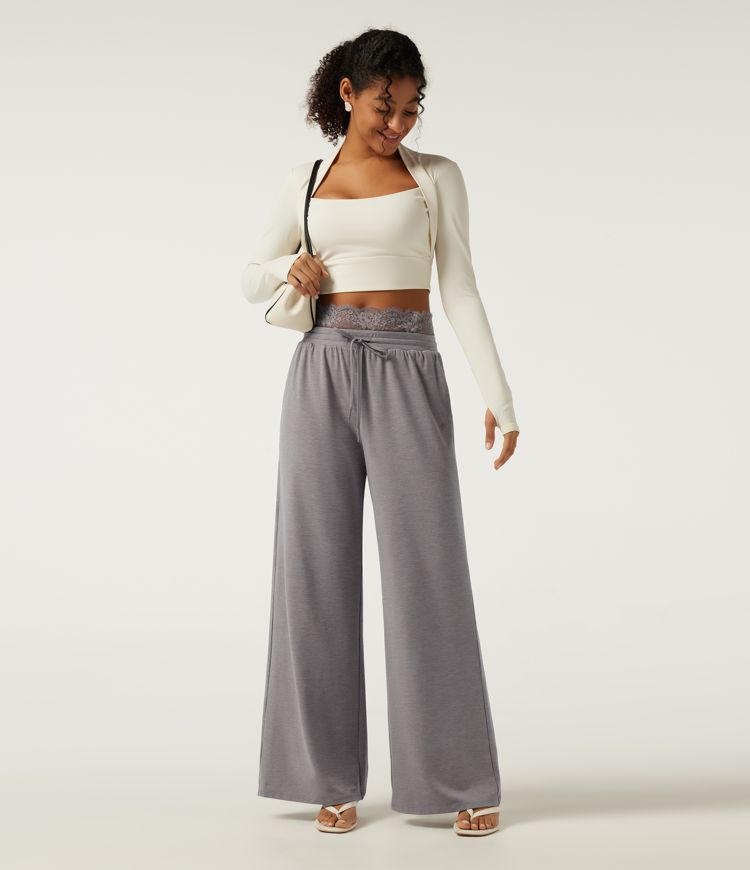 Pantalon de jogging décontracté taille basse à jambes larges, cordon de serrage, dentelle contrastante et poches