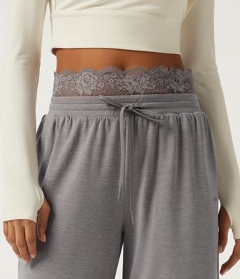 Pantalon de jogging décontracté taille basse à jambes larges, cordon de serrage, dentelle contrastante et poches