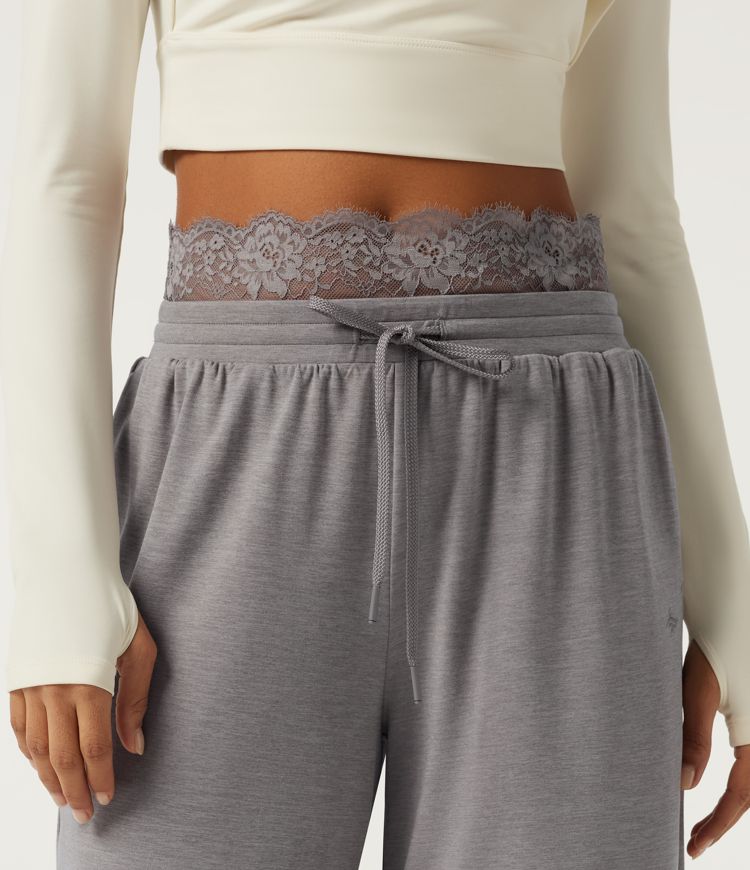 Pantalon de jogging décontracté taille basse à jambes larges, cordon de serrage, dentelle contrastante et poches