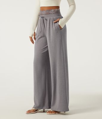 Pantalon de jogging décontracté taille basse à jambes larges, cordon de serrage, dentelle contrastante et poches