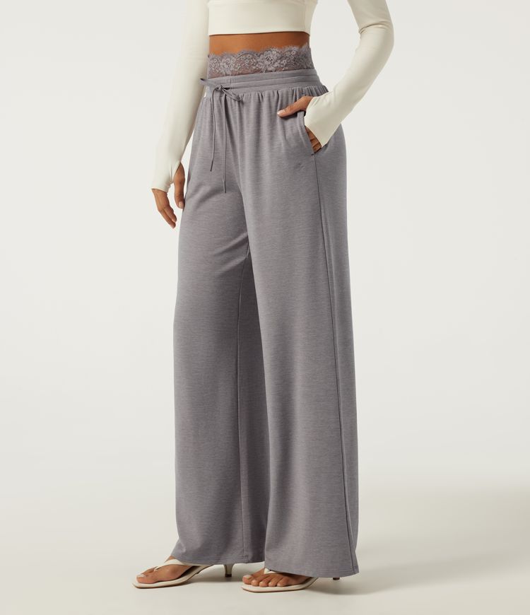 Pantalon de jogging décontracté taille basse à jambes larges, cordon de serrage, dentelle contrastante et poches