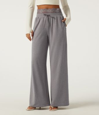 Pantalon de jogging décontracté taille basse à jambes larges, cordon de serrage, dentelle contrastante et poches