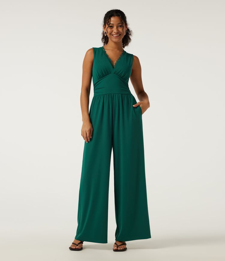 Deep V Neck Sleeveless Slim Contrast Lace Party Wide Leg Jumpsuits with Built-in Bra and Pockets - Easy Peezy Edition