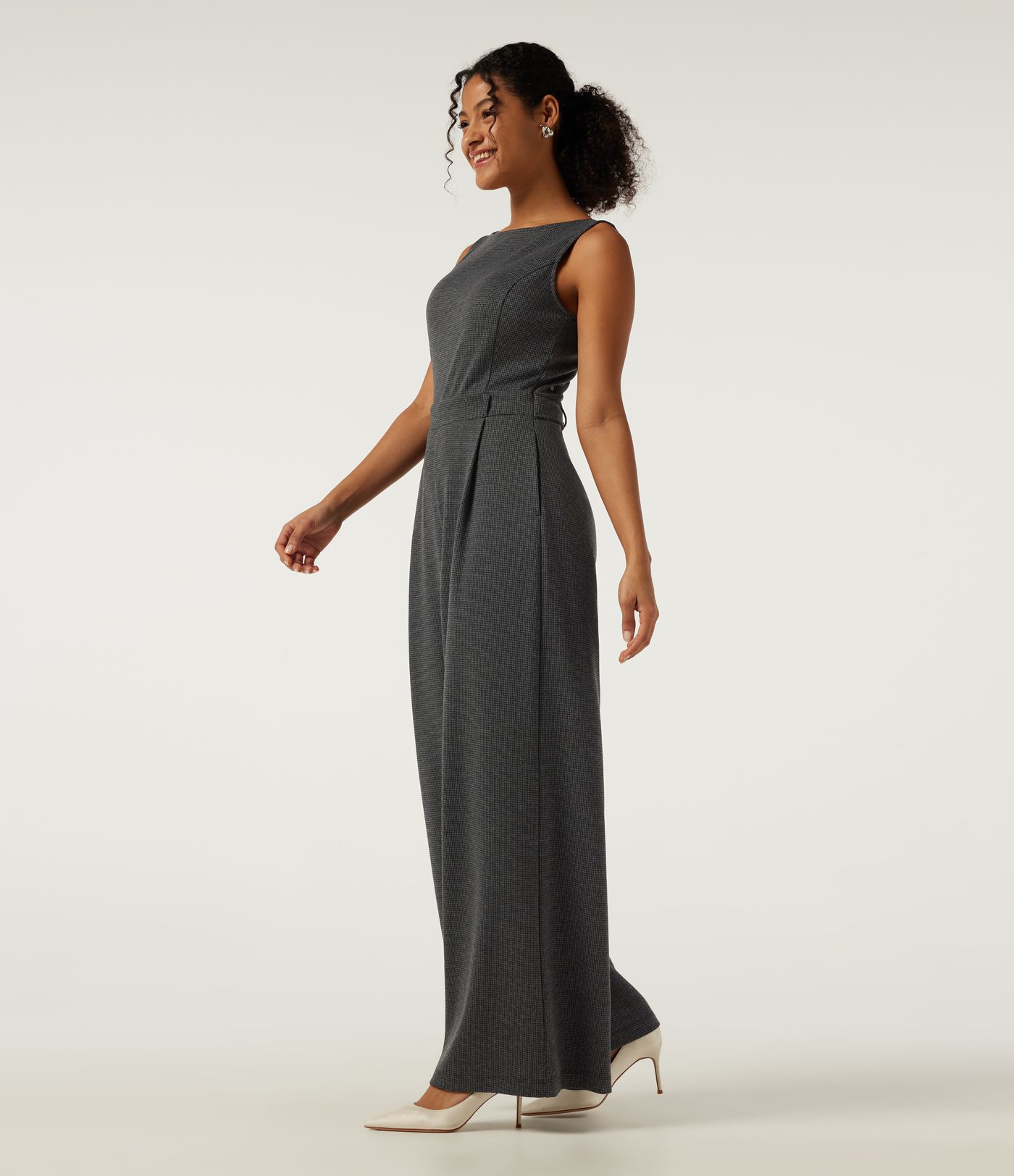 Boat Neck Sleeveless Wide Leg Houndstooth Slim Work Jumpsuits with Pockets -Easy Peezy Edition