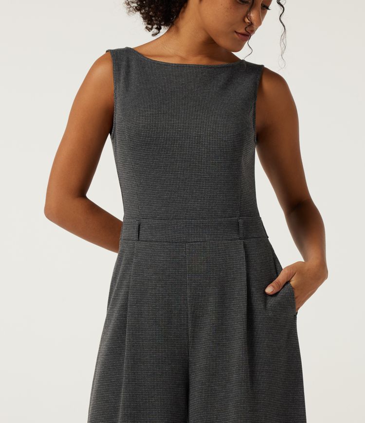 Boat Neck Sleeveless Wide Leg Houndstooth Slim Work Jumpsuits with Pockets -Easy Peezy Edition
