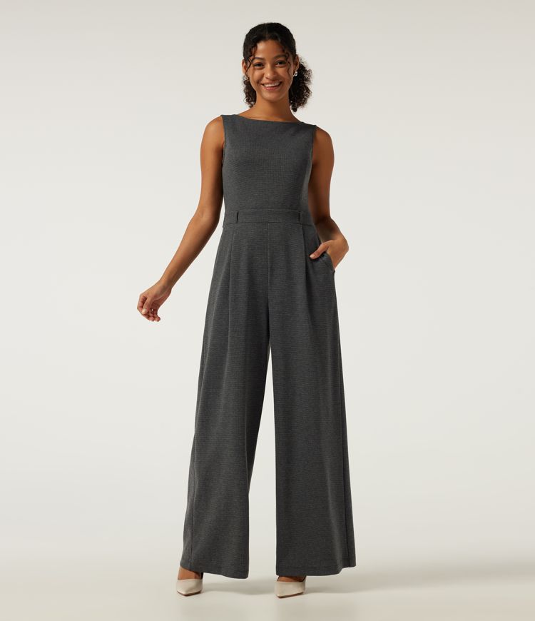 Boat Neck Sleeveless Wide Leg Houndstooth Slim Work Jumpsuits with Pockets -Easy Peezy Edition