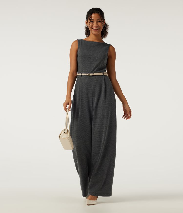 Boat Neck Sleeveless Wide Leg Houndstooth Slim Work Jumpsuits with Pockets -Easy Peezy Edition