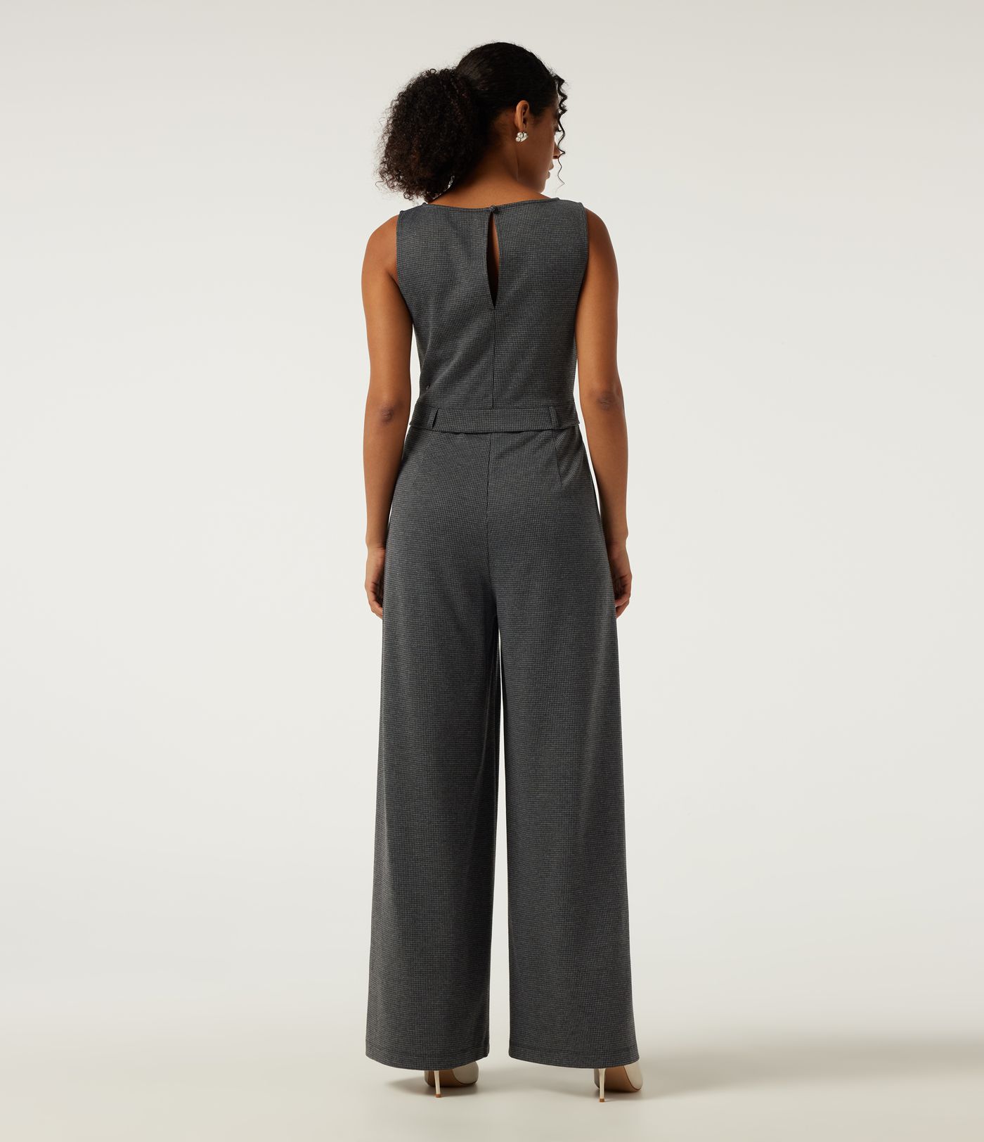 Boat Neck Sleeveless Wide Leg Houndstooth Slim Work Jumpsuits with Pockets -Easy Peezy Edition