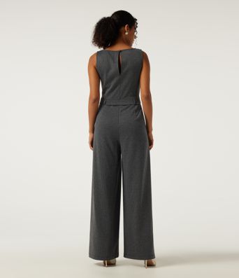 Boat Neck Sleeveless Wide Leg Houndstooth Slim Work Jumpsuits with Pockets -Easy Peezy Edition
