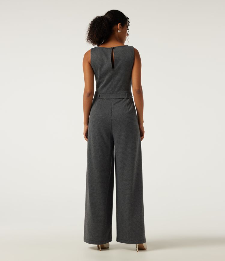 Boat Neck Sleeveless Wide Leg Houndstooth Slim Work Jumpsuits with Pockets -Easy Peezy Edition