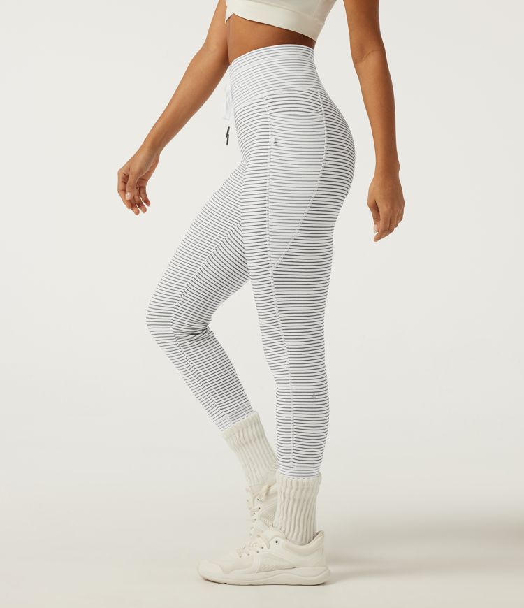 High Waisted Drawstring Striped Yoga Leggings with Pockets