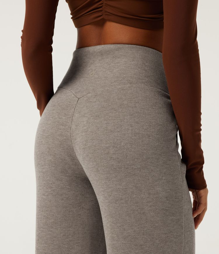 Ribbed Knit High Waisted Tummy Control Straight Leg Pintuck Casual Pants with Pockets
