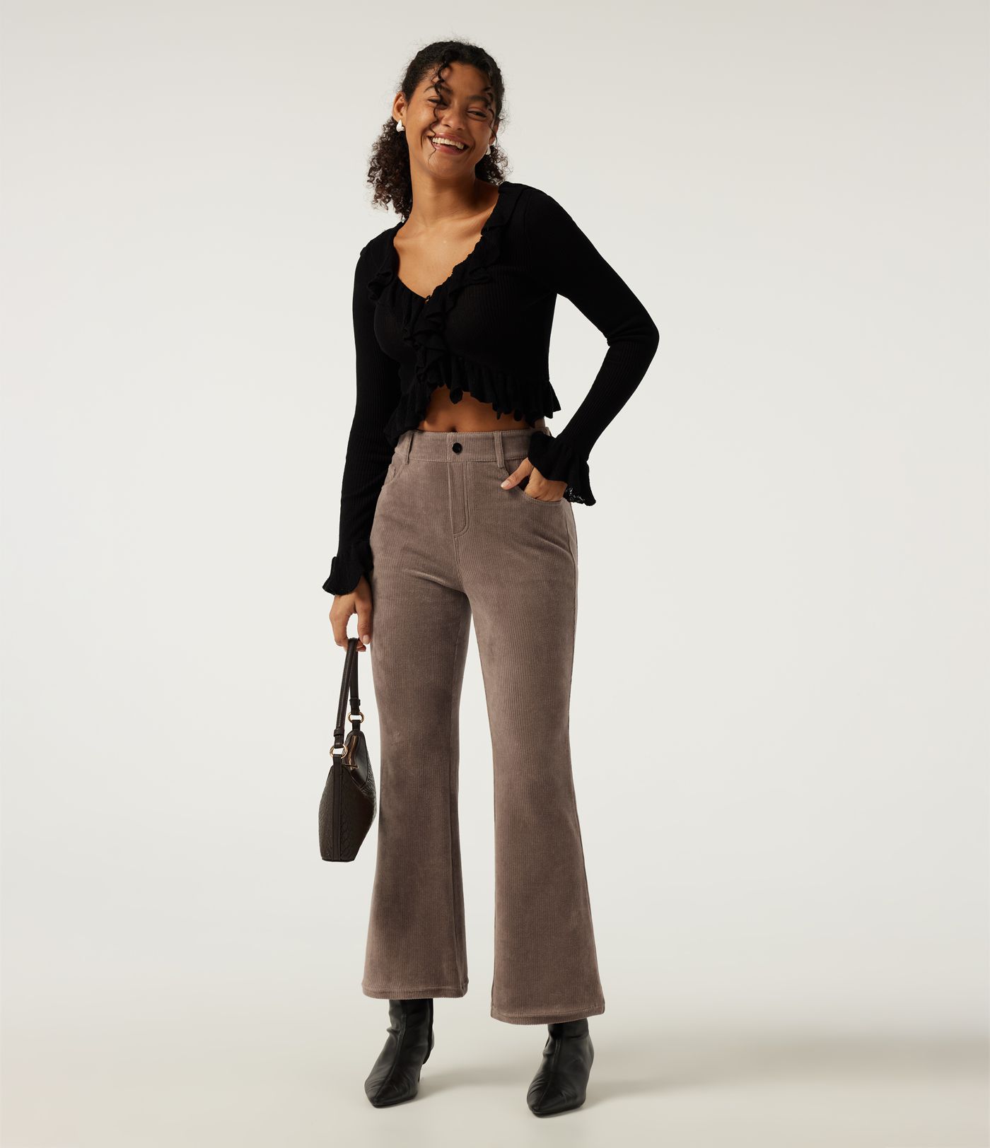 High Waisted Flare Corduroy Casual Pants with Pockets