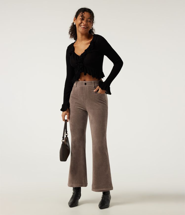 High Waisted Flare Corduroy Casual Pants with Pockets